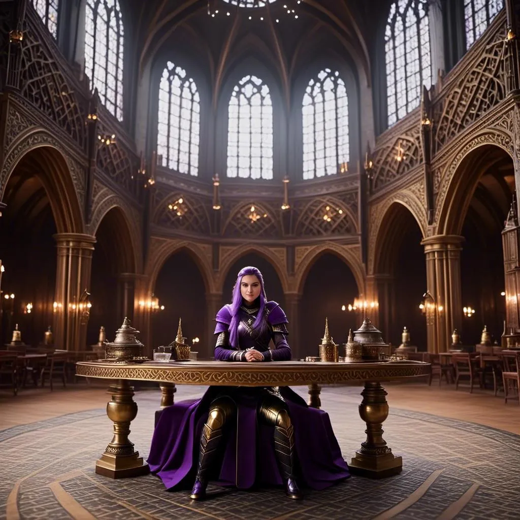 Prompt: Photo of <mymodel> sitting at a table in The Great Hall
