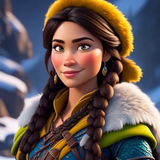 Prompt: <mymodel>CGI Animation, close-up portrait of the face, 20-year-old-old pirate viking woman sitting on a snow bank, a snowy scene, {{yellow gear, blue armor}}, black hair, braided beads pulled back for straight hair, subtle smile, beads hair, small red earrings, multiple braids, yellow gear, straight hair, green eyes, bracelets, rings on fingers, mercenary gear, unreal engine 8k octane, 3d lighting, close up camera shot on the face, full armor