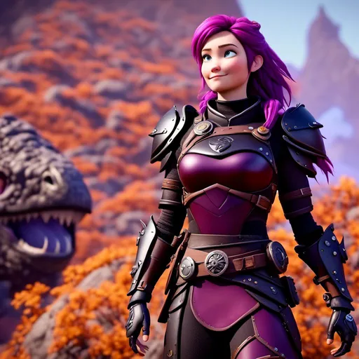 Prompt: <mymodel>CGi Animation, 20-year-old viking woman with one hair braid, caucasian, subtle smile, purple hair, light blue eyes, black gear, bright purple armor, black textures and highlights, unreal engine 8k octane, 3d lighting, full body, full armor