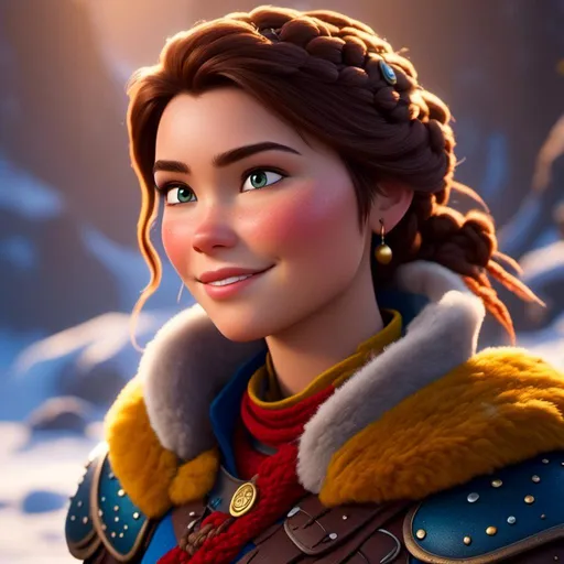 Prompt: <mymodel>CGI Animation, close-up portrait of the face, 20-year-old-old pirate woman sitting on a snow bank, a snowy scene, {{yellow gear, blue armor}}, brunette hair, an updo style of hair with a faded buzz cut on the side of the head, subtle smile, beads hair, small red earrings, multiple braids, yellow gear, straight hair, green eyes, bracelets, rings on fingers, mercenary gear, unreal engine 8k octane, 3d lighting, close up camera shot on the face, full armor