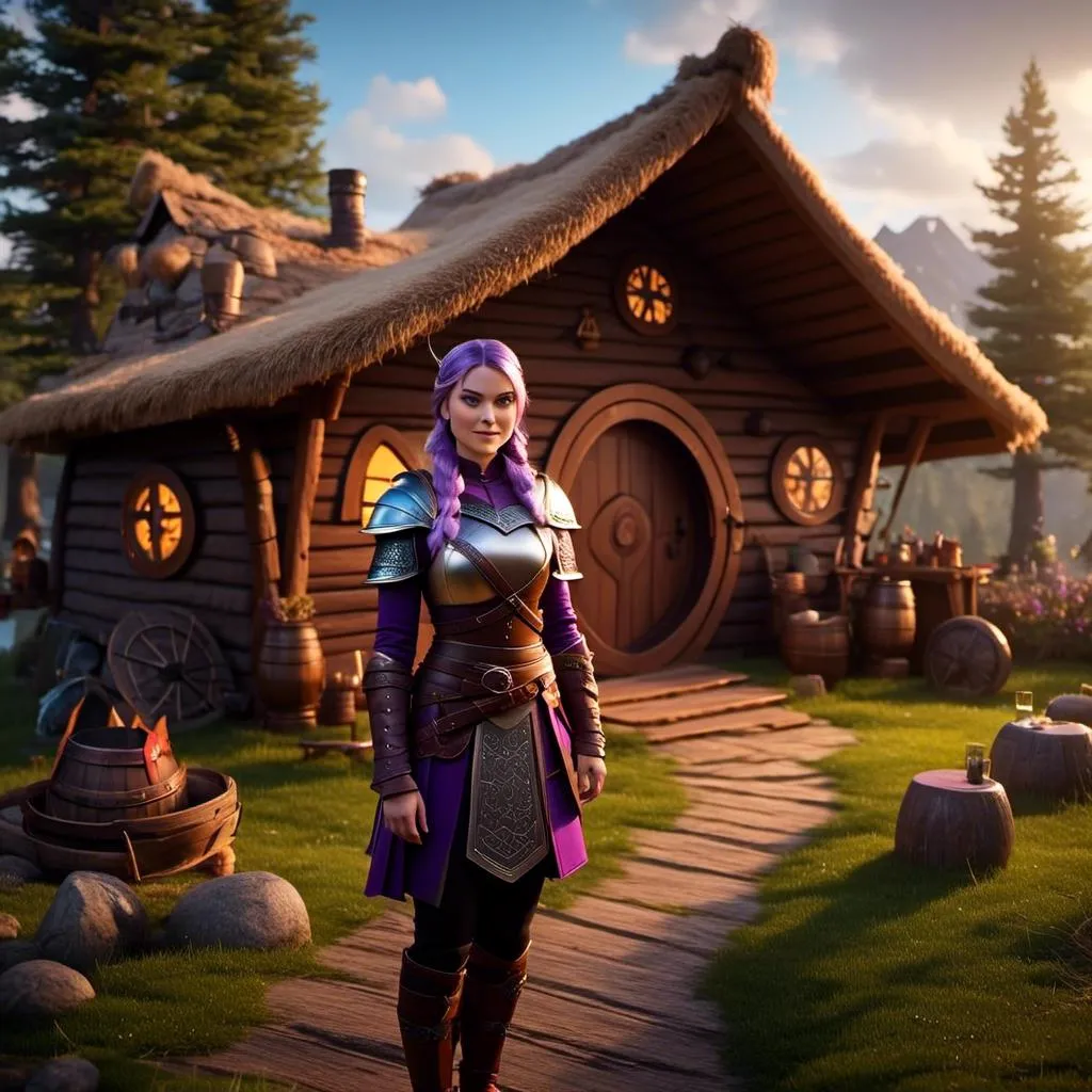 Prompt: Photo of <mymodel> viking in the style of 3D animation from "How to Train Your Dragon" standing in her viking hut