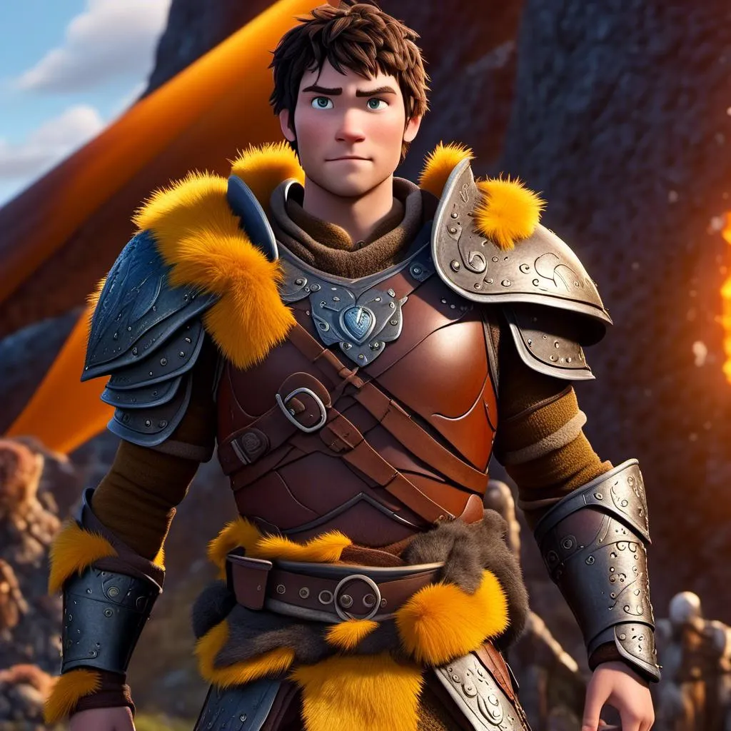 Prompt: <mymodel>Animated CGI style of a fierce 24 year old Caucasian Viking with dark hair, intense gaze, realistic yellow armor with bursts of orange textures, high quality, CGI, realistic, intense gaze, viking, male, Caucasian, detailed facial features, fur textures, highres, professional, intense lighting