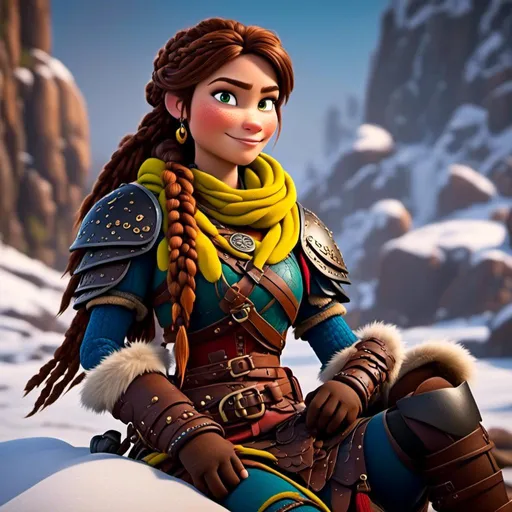 Prompt: <mymodel>CGI Animation, 20-year-old-old pirate woman, sitting on a snow bank, a snowy scene, {{yellow gear, blue armor}}, brunette hair, dreadlocks, subtle smile, beads hair, small red earrings, multiple braids, yellow gear, straight hair, green eyes, bracelets, rings on fingers, mercenary gear, unreal engine 8k octane, 3d lighting, full armor