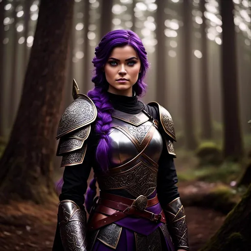 Prompt: Photo of <mymodel> with an angry look with her sword, she is standing in the forest