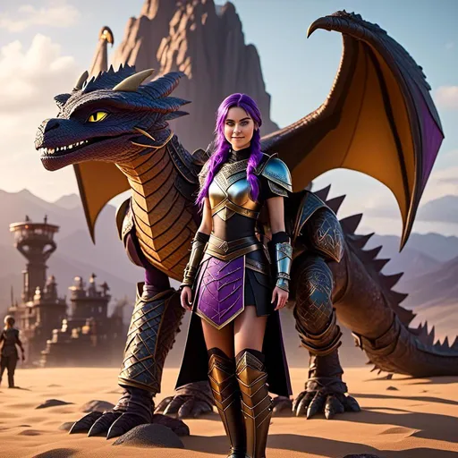 Prompt: Photo of <mymodel> standing next to her sand color stormcutter dragon from "How to Train Your Dragon"