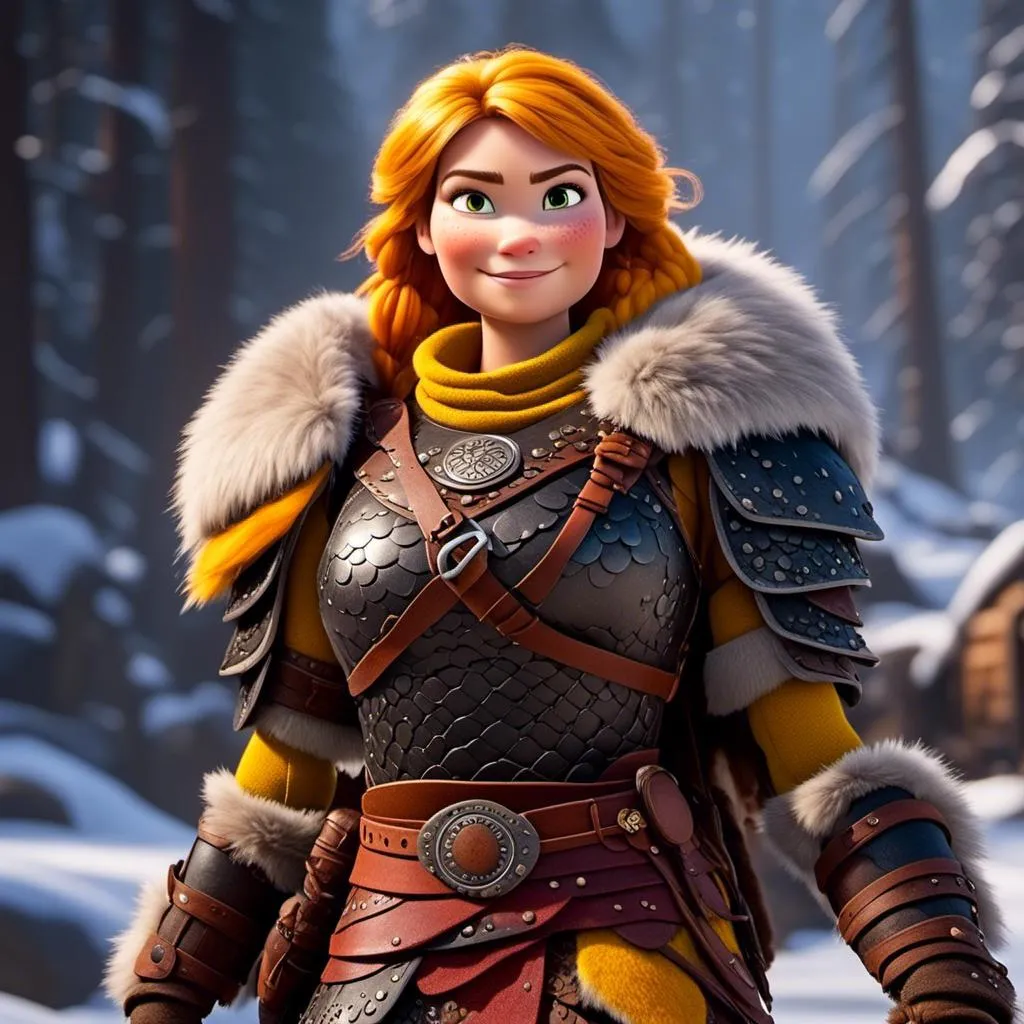 Prompt: <mymodel>CGi Animation, 25-year-old viking woman warrior with yellow eyes, a snowy scene, the viking woman has a subtle smile, hazel color hair, she has dark yellow gear, orange armor with bursts of red textured splotches, black pants, black boots