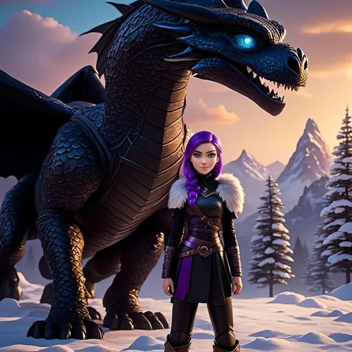 Prompt: Photo of <mymodel> standing next to her ((black)) razorwhip dragon from How to Train Your Dragon in the snow, she has light blue eyes