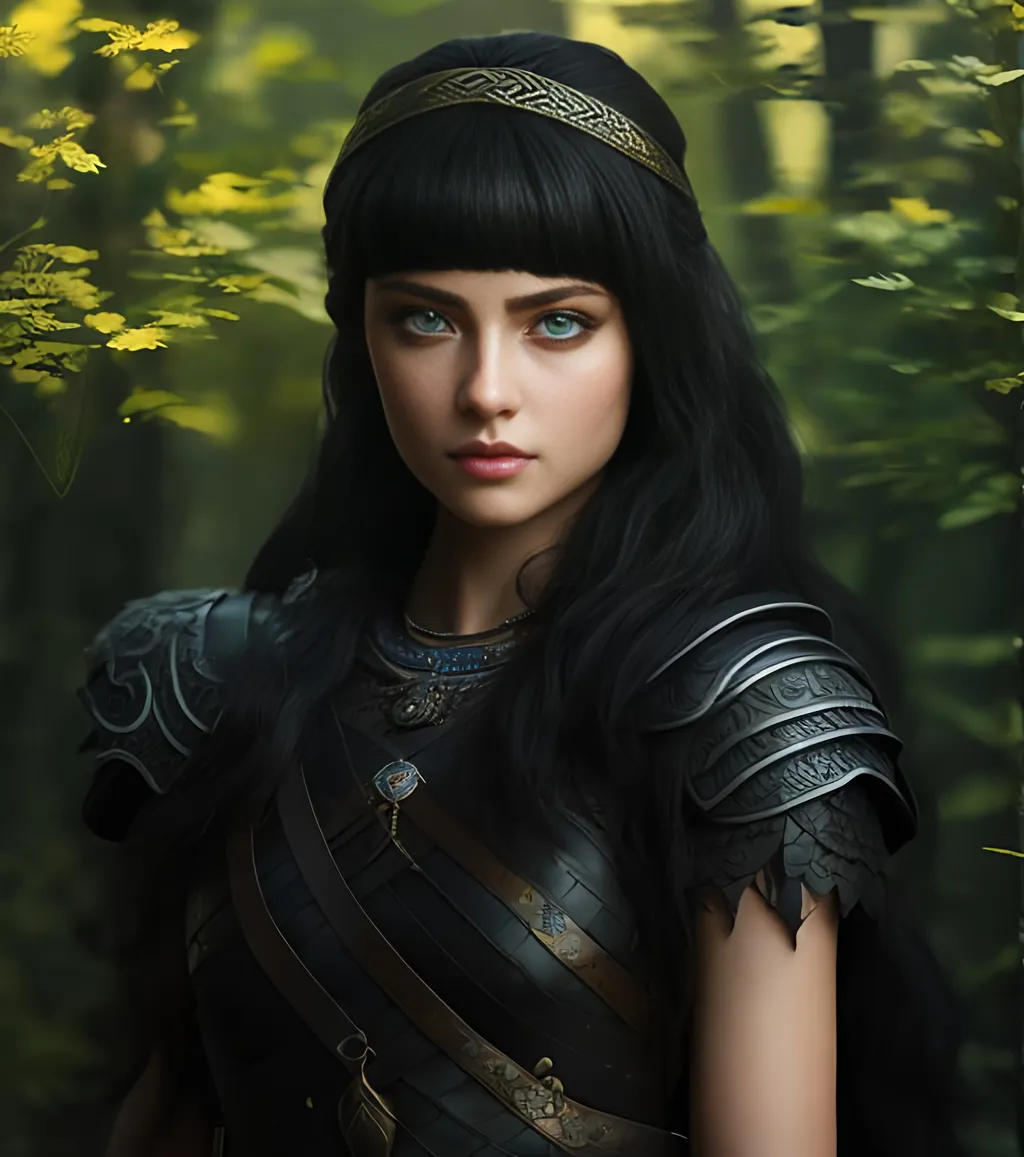 Prompt: she has black hair, create most beautiful fictional female viking princess warrior, black hair, light blue eyes, extremely detailed environment, detailed background, intricate, detailed skin, professionally color graded, photorealism, 8k, moody lighting