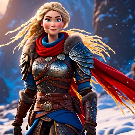 Prompt: <mymodel>CGi Animation, 25-year-old viking woman warrior with blue eyes, a snowy scene, the viking woman has a subtle smile, blonde dreadlocks and braids in her hair, she has red gear, gold armor with bursts of blue textured splotches, black pants, black boots