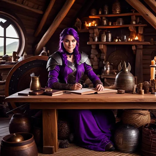 Prompt: Photo of <mymodel> with no armor casually relaxing sitting at a desk in her viking house