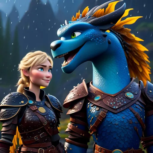 Prompt: <mymodel>CGi Animation, 20-year-old viking woman with blue eyes, a rainy scene, she is standing next to a bright blue dragon with gold highlights, they are both in the rain, the viking woman has a subtle smile, blonde hair in a ponytail style, she has blue gear, gold armor, black pants, black boots