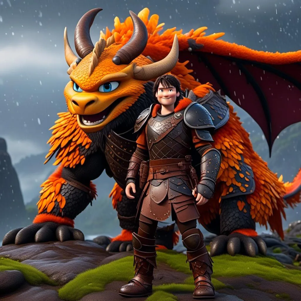 Prompt: <mymodel>CGi Animation, 20-year-old viking man with blue eyes, a rainy scene, the viking man has a subtle smile, black hair, he has orange gear, yellow armor with bursts of red splotches, black pants, black boots, he is standing next to a bright orange dragon with gold highlights, they are both in the rain