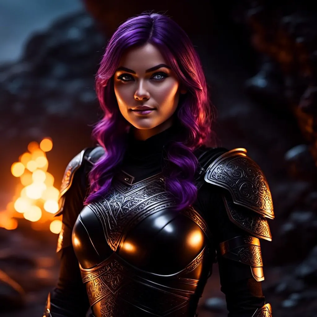 Prompt: <mymodel>25-year-old viking woman, subtle smile, light blue eyes, black gear, bright black armor, wearing an iron-man like suit of armor, black textures and highlights, standing in the shadows of the a dark cave at night, short focus, blurry background, moonlit scene, unreal engine 8k octane, 3d lighting, full body, full armor