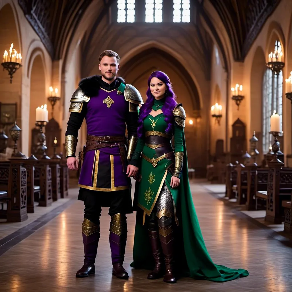 Prompt: Photo of <mymodel> standing in The Great Hall with her husband Jarl Everson who is 24-years old who has brown (((short))) wavy hair and green gear