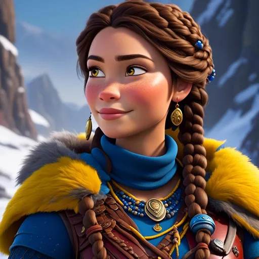 Prompt: <mymodel>CGI Animation, close-up portrait of the face, 20-year-old-old pirate woman sitting on a snow bank, a snowy scene, {{yellow gear, blue armor}}, brunette hair, dreadlocks with a faded buzz cut on the side of the head, subtle smile, beads hair, small red earrings, multiple braids, yellow gear, straight hair, green eyes, bracelets, rings on fingers, mercenary gear, unreal engine 8k octane, 3d lighting, close up camera shot on the face, full armor