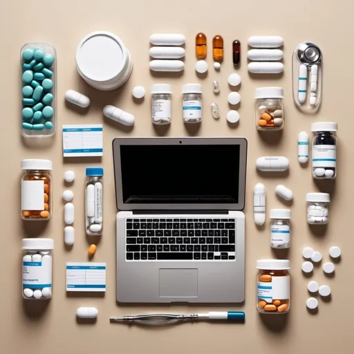 Prompt: medicine management (horizontal layout), organized pill bottles, prescription pads, a stethoscope, tablets and capsules scattered artistically, soft neutral colors, warm lighting, clinical ambience, focused atmosphere, detailed textures, ultra-detailed composition, professional quality, inviting arrangement, minimalist approach, clear layout with visual balance, health-focused theme.