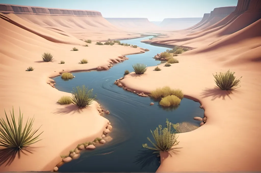 Prompt: A desert with a big river with a little debree floating in it with some tiny desert plants around the area and it looks really realistic first person view