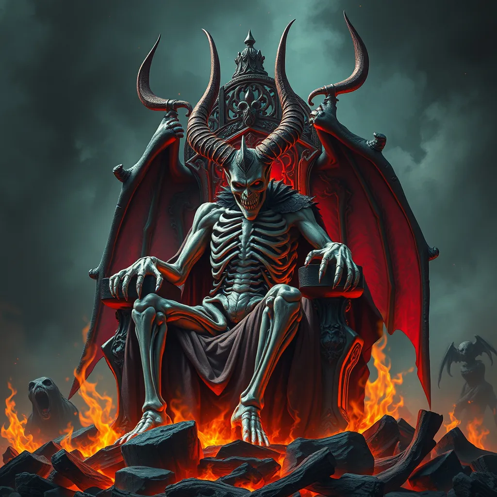 Prompt: hades the devilish king of hell, sitting on a throne made of bones, with fire and sulfurous gas around 