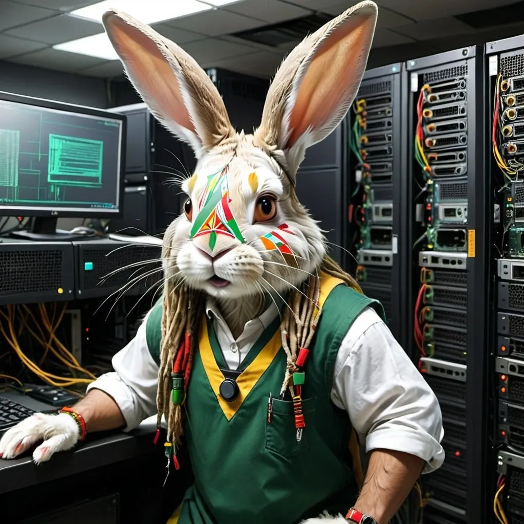 Prompt: Rastafari rabbit, computers technician, Background room server.