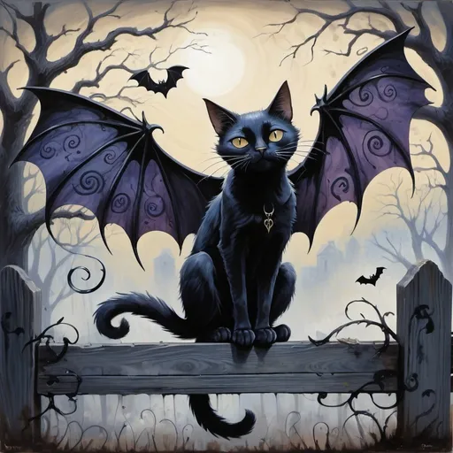 Prompt: Painting of a black cat with bat wings, perched on an old fence, ominous, drab colors, swirly lines, dead trees and blowing leaves, indigo fog, Tim Burton