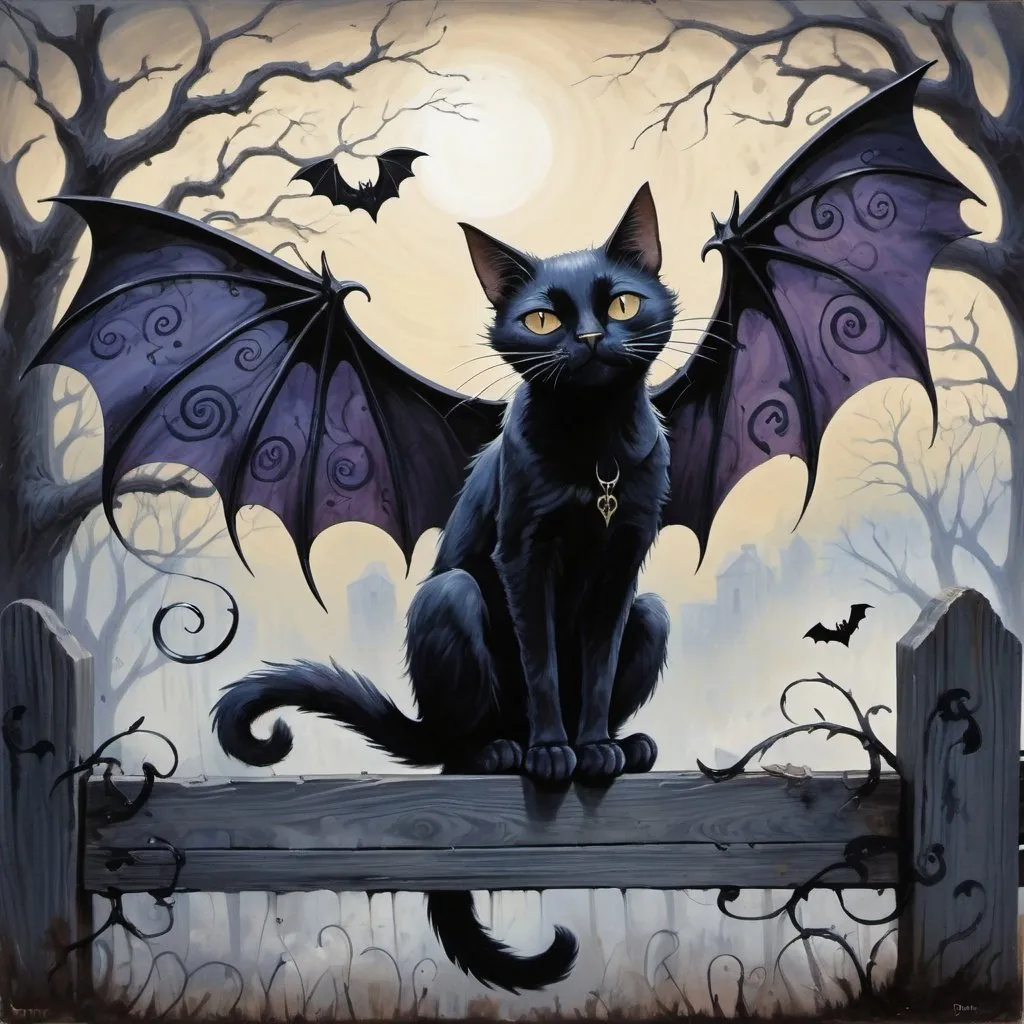 Painting of a black cat with bat wings, perched on a...