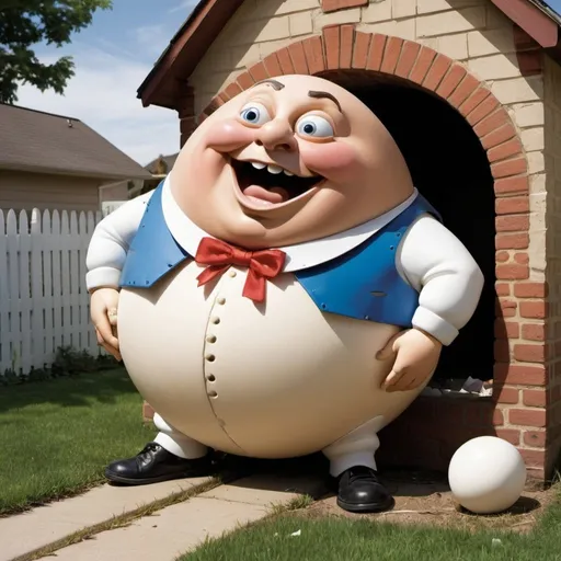 Prompt: Humpty Dumpty has fallen and cracked open and all manner of suburban outdoor animals are licking his insides