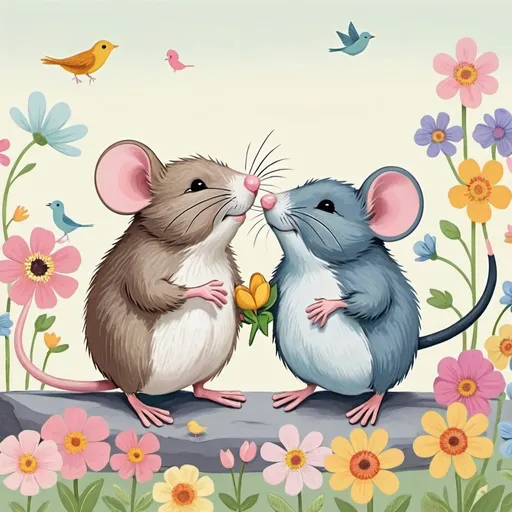 Prompt: One mouse and one bird are lovers, friends, Hallmark card, spring imagery, pastel colors, flowers