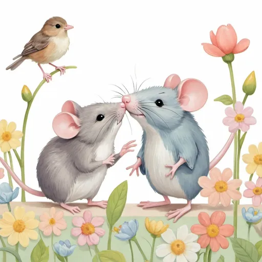 Prompt: A mouse and a bird are lovers, friends, Hallmark card, spring imagery, pastel colors, flowers