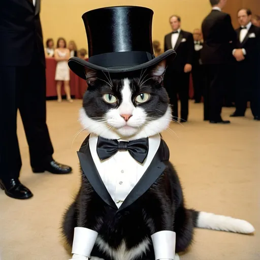 Prompt: 1997 tabloid, A cat wearing a large top hat, tuxedo collar, at awards ceremony, early digital camera lens