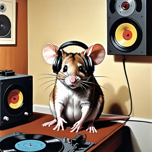 Prompt: Poster, a mouse is sitting, listening to records with big headphones, surreal, 1975, a Midwestern American suburban house,  bedroom, stereo Hi-Fi, posters on walls, 