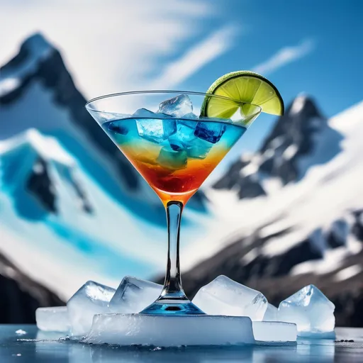 Prompt: a cocktail glass  floating on air with ice background blue in color
on top of an icy mountain 
CLASSIC MARGARIT many of them in one page
looking like colour splash