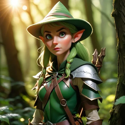 Prompt: Elf ranger in a mystical forest around sunlight