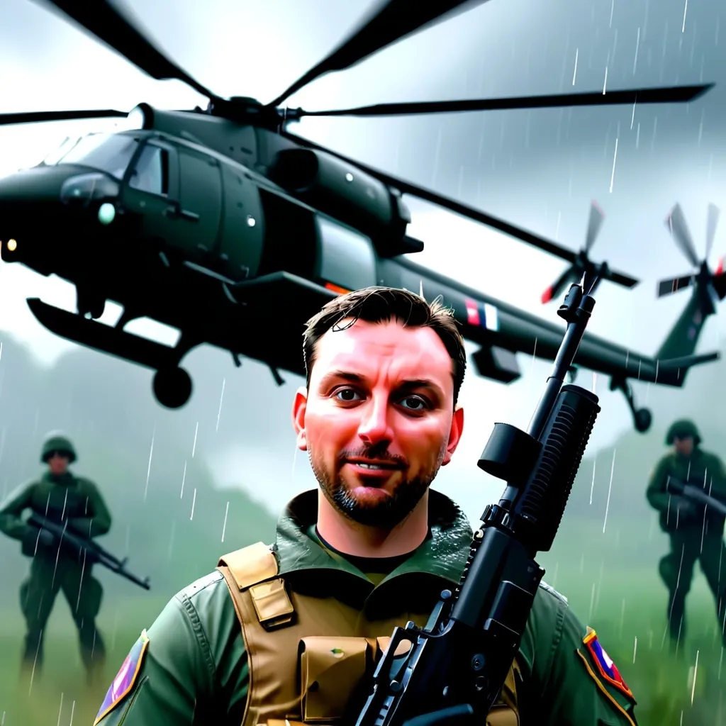 Prompt: a soldier holding a gun in front of a helicopter in the rain with a helicopter in the background and a helicopter in the air, Dom Qwek, computer art, cinematic wallpaper, computer graphics