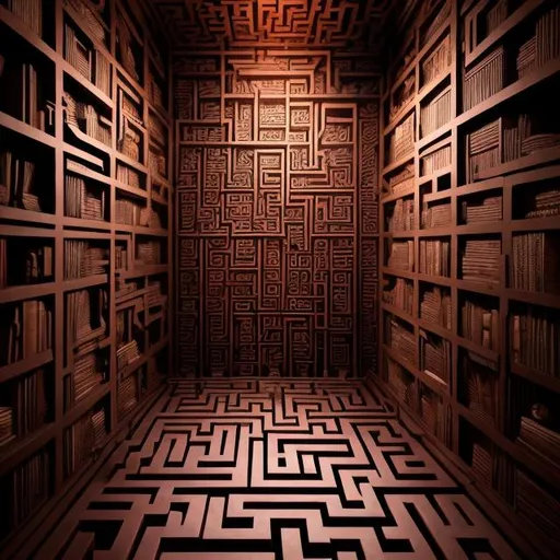 Prompt: 3D rendering of a maze with square compartments, bookshelves inside, surreal atmosphere, high quality, detailed textures, surreal, mysterious lighting, cool tones, intricate design, surrealism, fantasy, maze, bookshelves, 3D rendering, detailed, mysterious atmosphere

