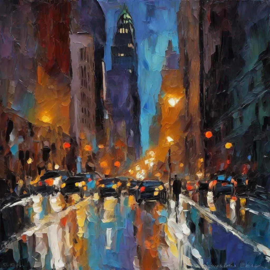 Prompt: Stylized rough 5th avenue by night impressionistic painting with large palette-knife