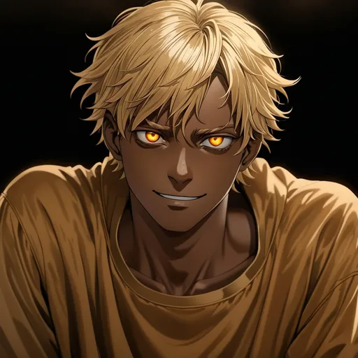 Prompt: (realistic anime style), a man with dark circles around his eyes, a fake smile that hides pain, striking detailed features, (blonde hair) that cascades down to his neck, captivating (amber-colored eyes), (light dark skin) tone, dramatic lighting, atmospheric backdrop that complements the character's expression, high quality, ultra-detailed.