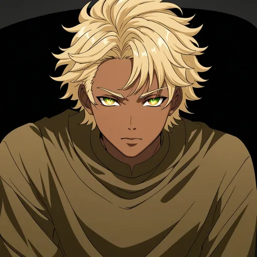 Prompt: anime, men, detailed, blonde, light dark skin, ambar color eyes