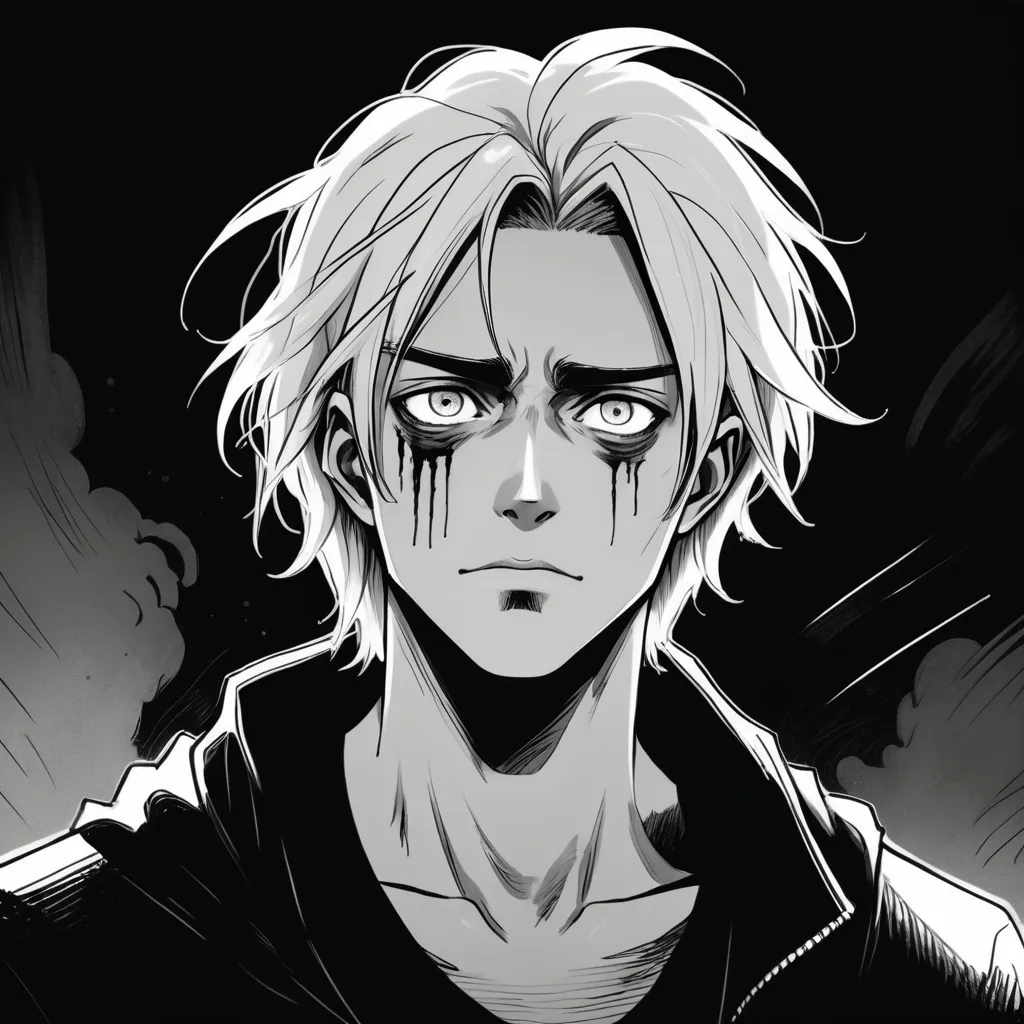 Prompt: dark horror black and white hand drawn style with messy lines, man with blonde hair that goes to his shoulder, light dark skin, deep dark circles in his eyes , manga scene