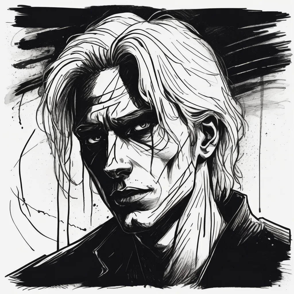 Prompt: dark horror, black and white hand drawn style with messy lines paper texture and eraser marks, man with blonde hair that goes to his shoulder, light dark skin, deep dark circles in his eyes