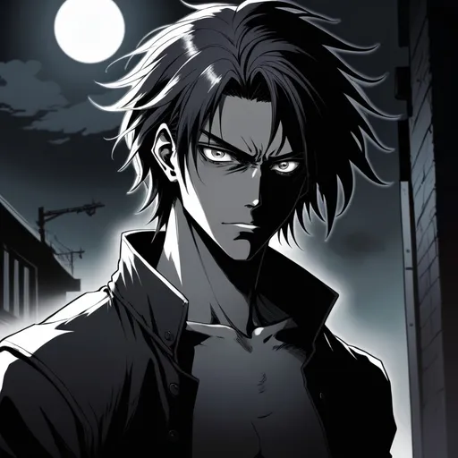 Prompt: dark horrorr manga style, man with hair that goes to his shoulder, light dark skin, deep dark circles in his eyes , manga scene