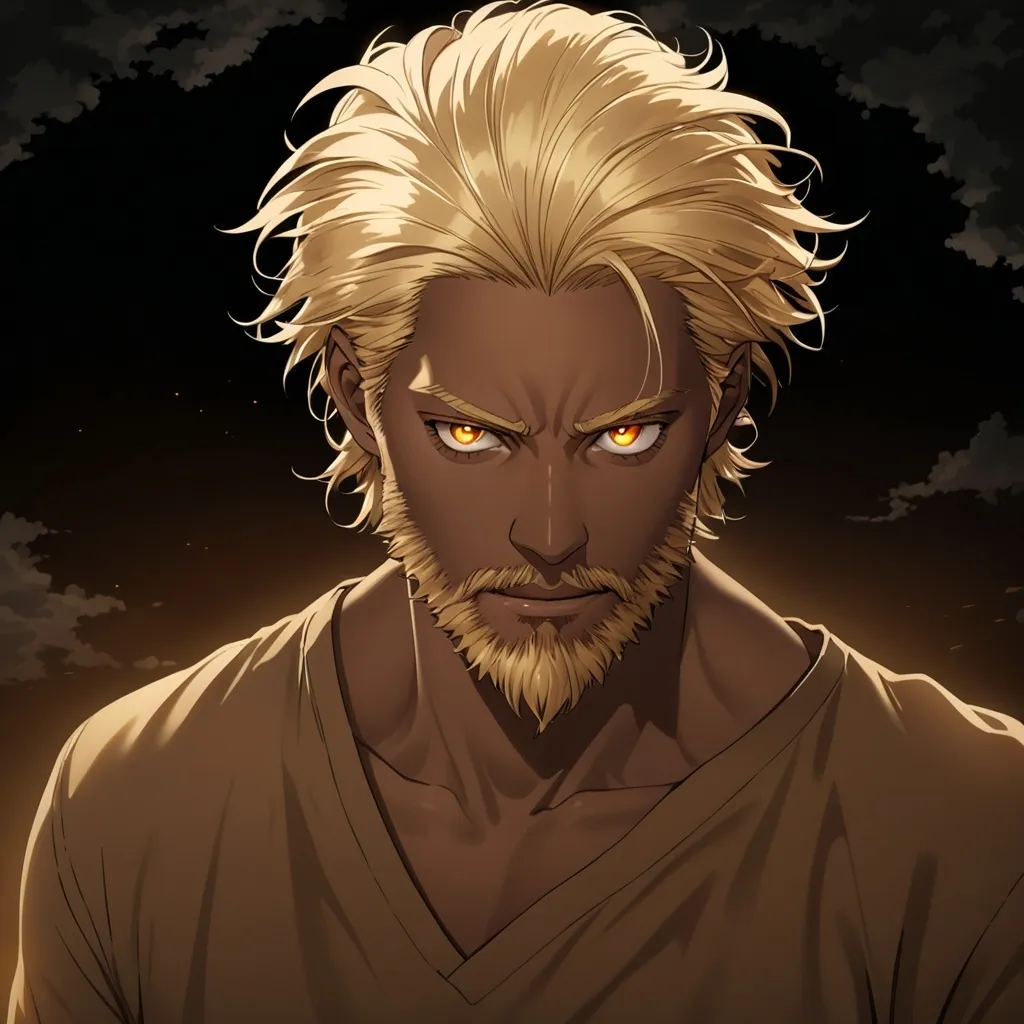 Prompt: (realistic anime style), a man with dark circles around his eyes, (very thin and flawed blonde beard), striking detailed features, (blonde hair) that cascades down to his neck, captivating (amber-colored eyes), (light dark skin) tone, dramatic lighting, atmospheric backdrop that complements the character's expression, high quality, ultra-detailed.