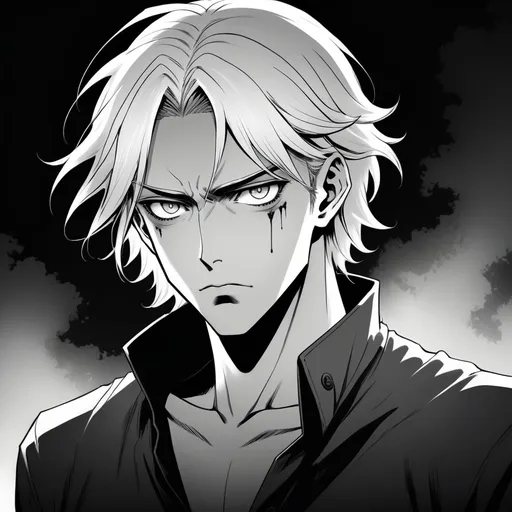 Prompt: dark horror black and white manga style, man with blonde hair that goes to his shoulder, light dark skin, deep dark circles in his eyes , manga scene