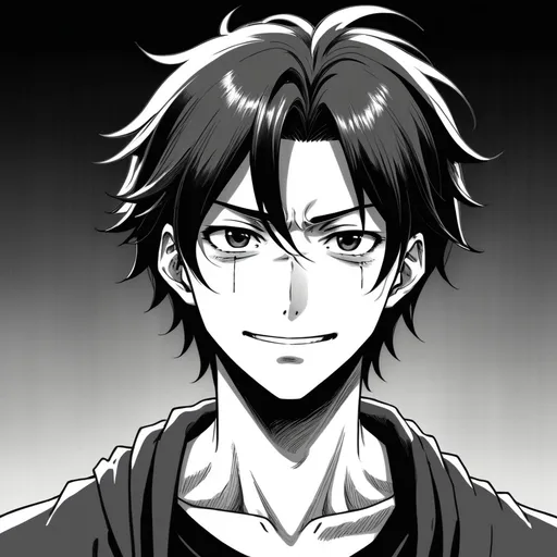 Prompt: kentaro miyura manga style, man with hair that goes to his shoulder,  dark circles in his eyes and a fake smile that hides his inner pain, manga scene