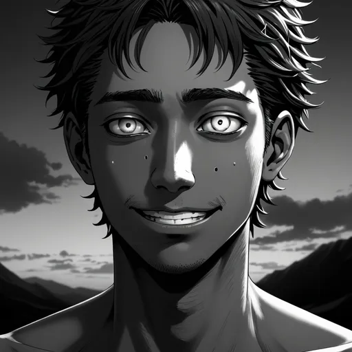 Prompt: black and white pallete (realistic manga style hand made), a man with dark circles around his eyes since he cant sleep well, a fake smile that hides his inner pain, striking detailed features, skinny and wear body, hair that goes down to his neck like he has no time to cut, captivating ( eyes), (light dark skin) tone,atmospheric backdrop that complements the character's expression, high quality, ultra-detailed.