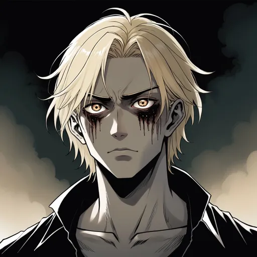 Prompt: dark horror manga style, man with blonde hair that goes to his shoulder, light dark skin, deep dark circles in his eyes , manga scene