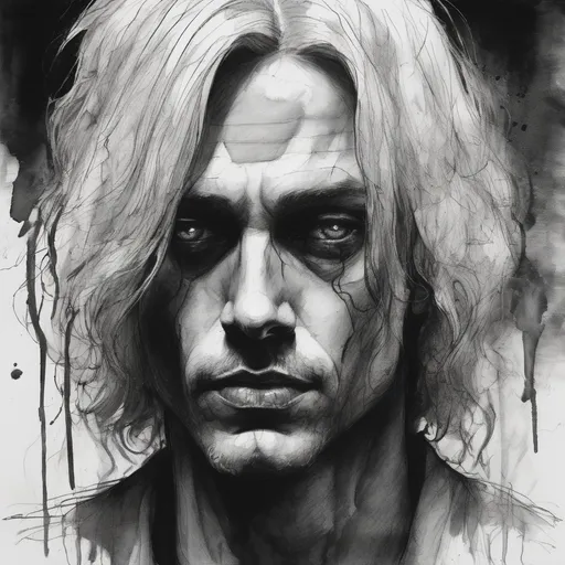 Prompt: black and white, (dark horror) hand drawn style, messy lines, paper texture, eraser marks, (tension-filled atmosphere), man with (shoulder-length blonde hair), (dark skin), deep dark circles under his eyes, eerie expressions, unsettling shadows, (highly detailed) artwork, (captivating depth), (dramatic).