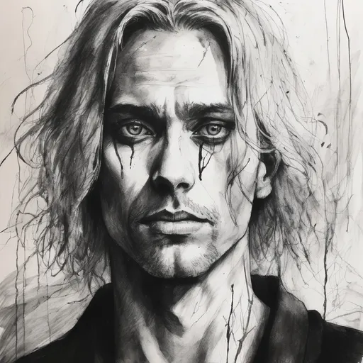 Prompt: black and white, (dark horror) hand drawn style, messy lines, paper texture, eraser marks, (tension-filled atmosphere), man with (shoulder-length blonde hair), (dark skin), deep dark circles under his eyes, eerie expressions, unsettling shadows, (highly detailed) artwork, (captivating depth), (dramatic).