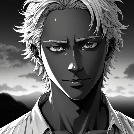 Prompt: black and white pallete (realistic manga style hand made), a man with dark circles around his eyes since he cant sleep well, a fake smile that hides his inner pain, striking detailed features, skinny and wear body, hair that goes down to his neck like he has no time to cut, captivating ( eyes), (light dark skin) tone,atmospheric backdrop that complements the character's expression, high quality, ultra-detailed.