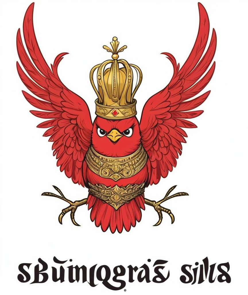 Prompt: a red bird with a gold crown on it's head and a red bird with a gold crown on its head, Bourgeois, sumatraism, iso 200, a silk screen