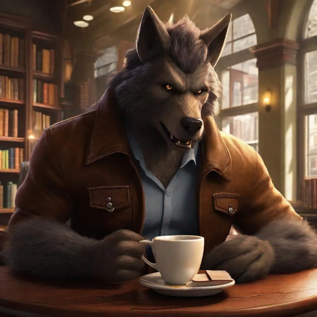 Prompt: Create a lifelike, high-resolution depiction of a werewolf with sturdy shoulders, grey fur, piercing brown eyes, and an eyebrow piercing, realistically portrayed, immersed in a Barnes and Noble bookstore scene while enjoying a cup of coffee.